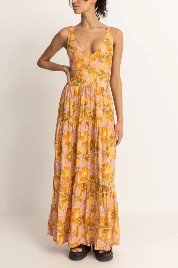 Rhythm Mahana Floral Tiered Maxi Dress  - YELLOW - Sun Diego Boardshop