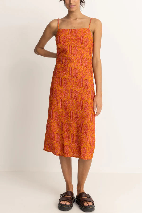 Rhythm Adia Paisley Bias Cut Midi Dress - Orange - Sun Diego Boardshop