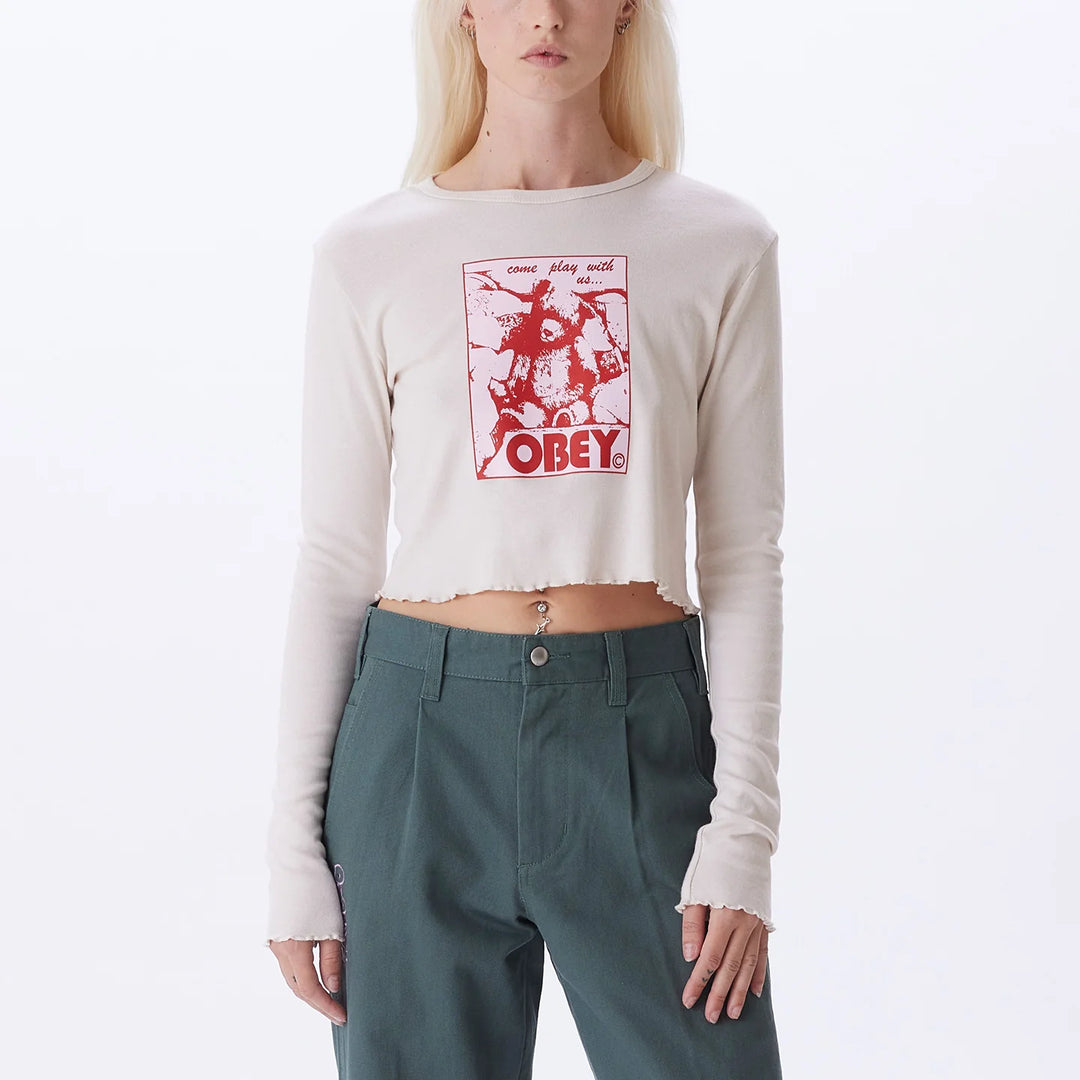 Obey Long Sleeve Come Play With Us Crop Top  - Whitecap Grey - Sun Diego Boardshop
