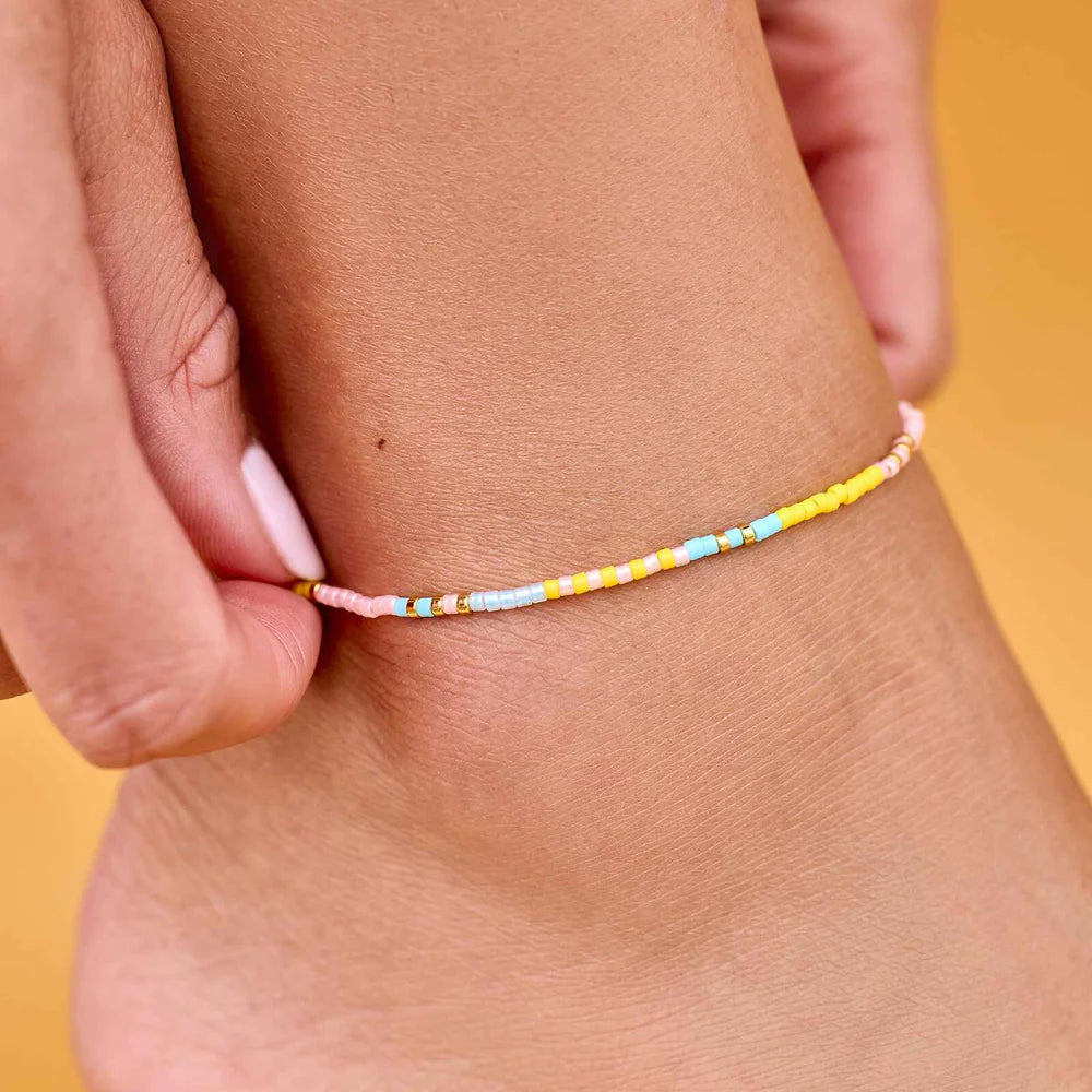 Pura Vida MIXED SEED BEAD GOLD STRETCH ANKLET SUNSET BEACH