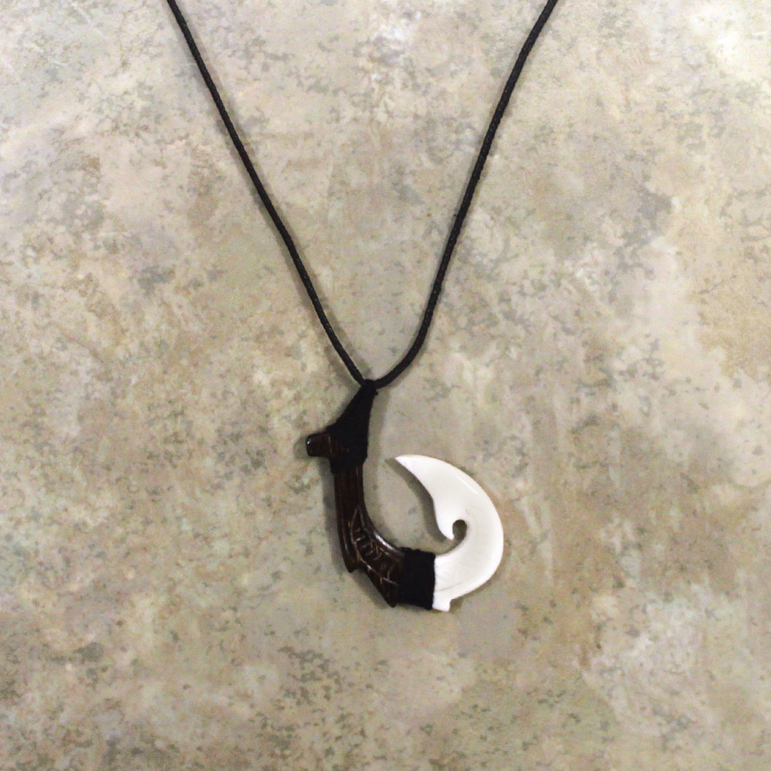 carved fish hook MAUNA KAI Adjustable Wood/Bone Carved Hook Black Necklace -
