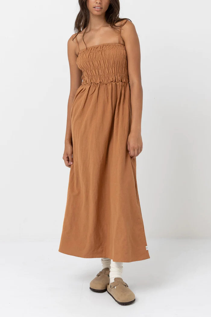 Rhythm Classic Shirred Midi Dress - Caramel