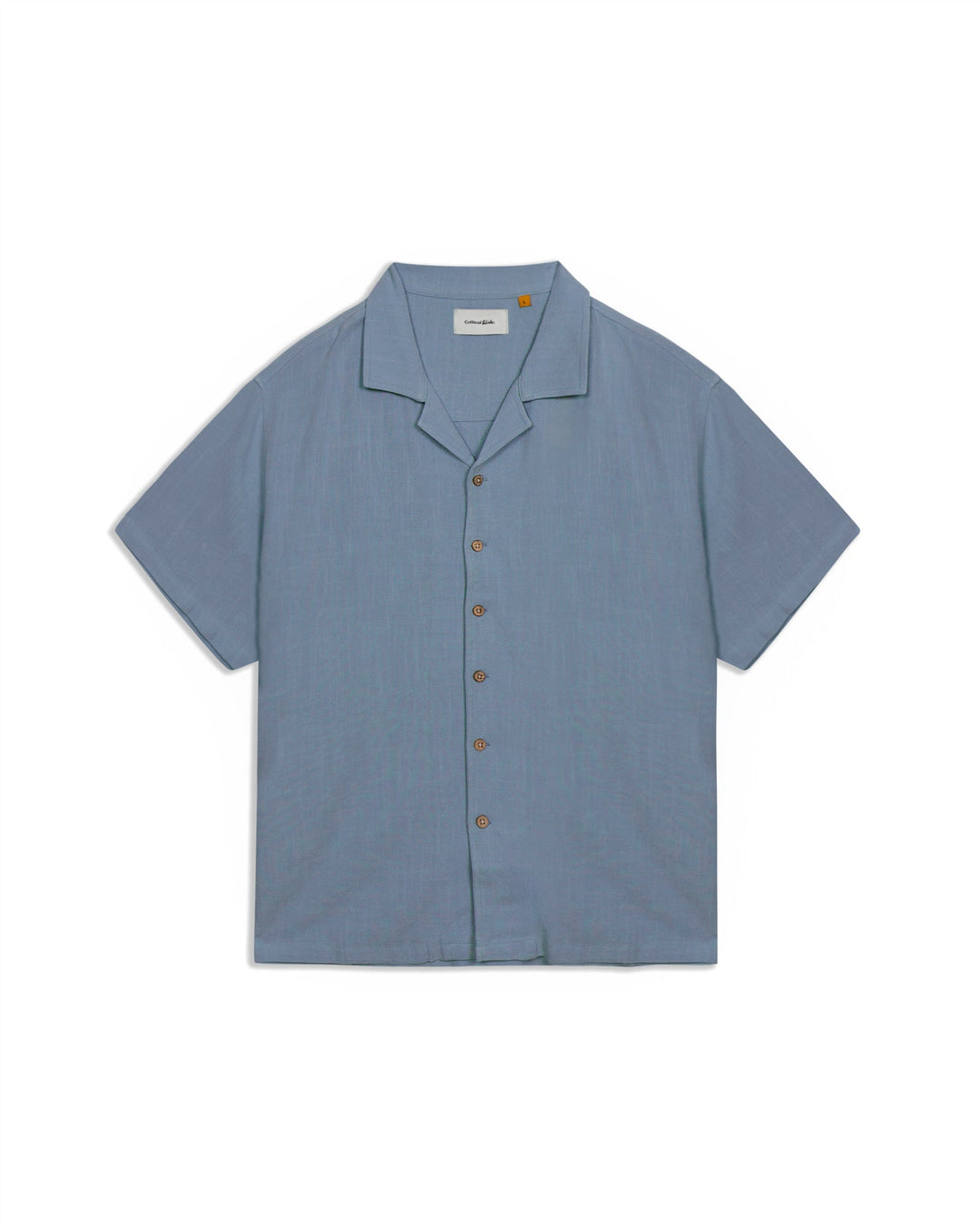 Blue short-sleeve shirt with button details on a white background