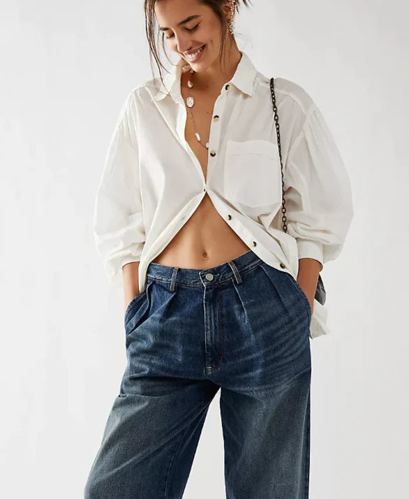 Free People Happy Hour Solid Button Down Top - White - Sun Diego Boardshop