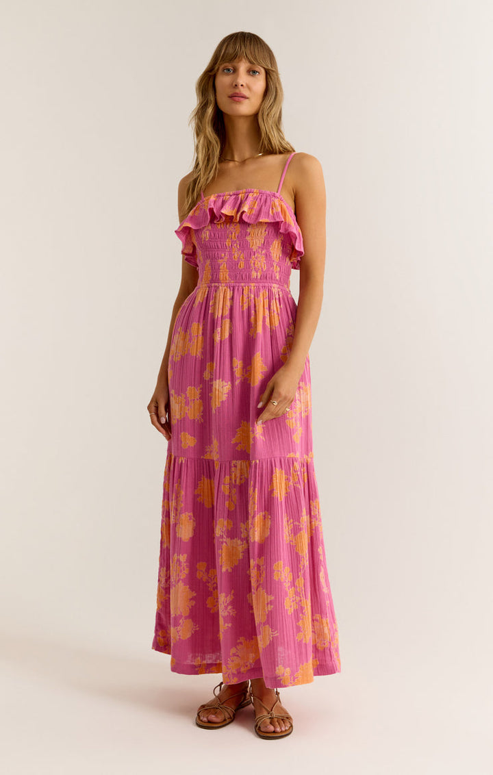 Z-Supply BAHARI SUNSHINE FLORAL MIDI DRESS - RASPBERRY SORBET - Sun Diego Boardshop