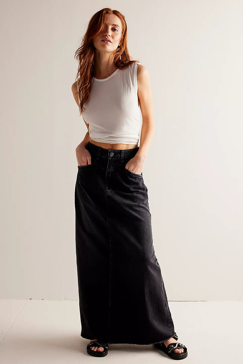 Free People We The Free Come As You Are Denim Maxi Skirt BLACK
