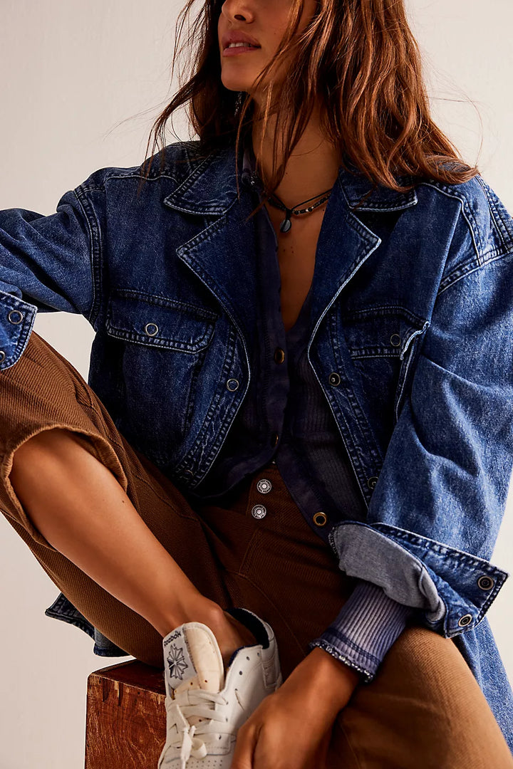 Free People We The Free Izzie Cargo Denim Shirt- Vintage Indigo Wash - Sun Diego Boardshop