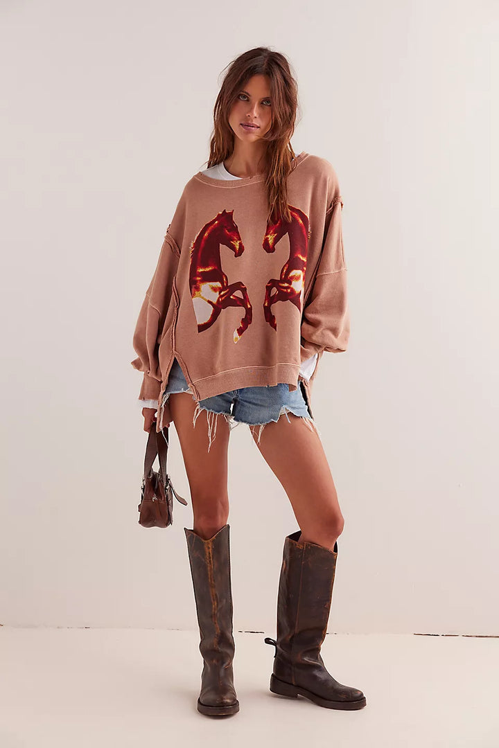 Free People We The Free Graphic Camden Pullover - Mirrored Horses - Sun Diego Boardshop