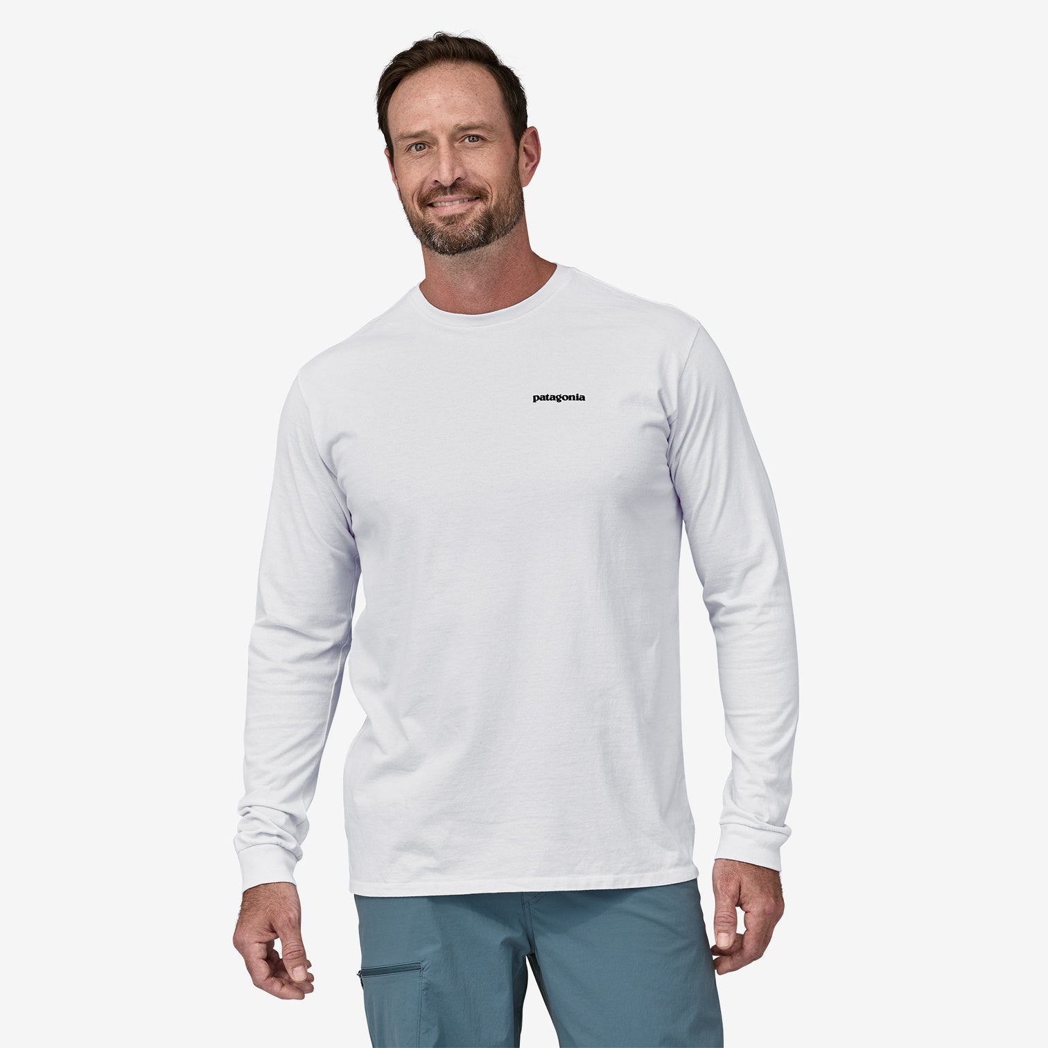 Patagonia Men's Long-Sleeved P-6 Logo Responsibili-Tee - White