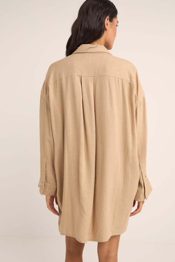 rhythm shirt dress Rhythm Classic Linen Shirt Dress Sand - Mini Dress - Shirt Dress
