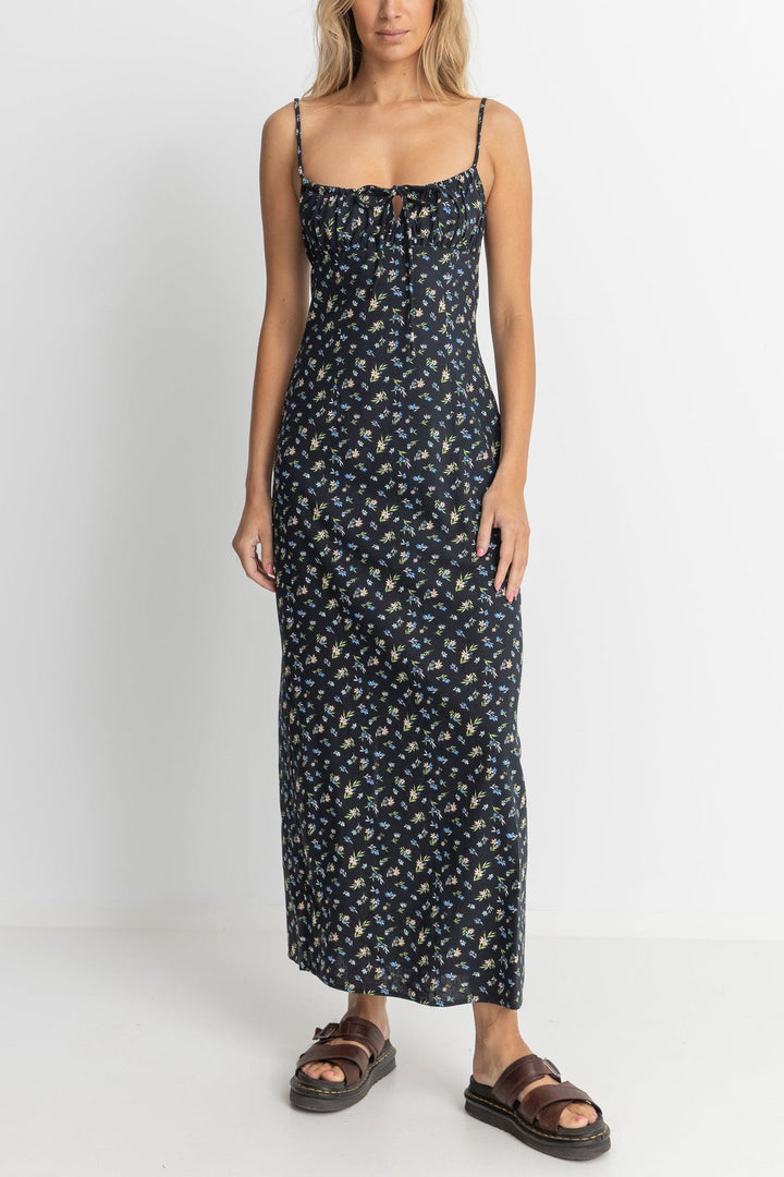 Rhythm Fleur Floral Gathered Maxi Dress - BLACK - Sun Diego Boardshop