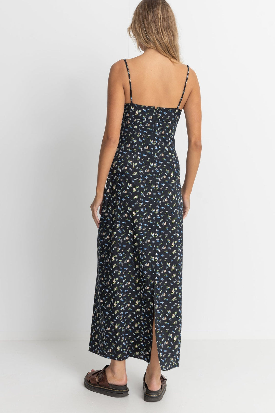 Rhythm Fleur Floral Gathered Maxi Dress - BLACK - Sun Diego Boardshop