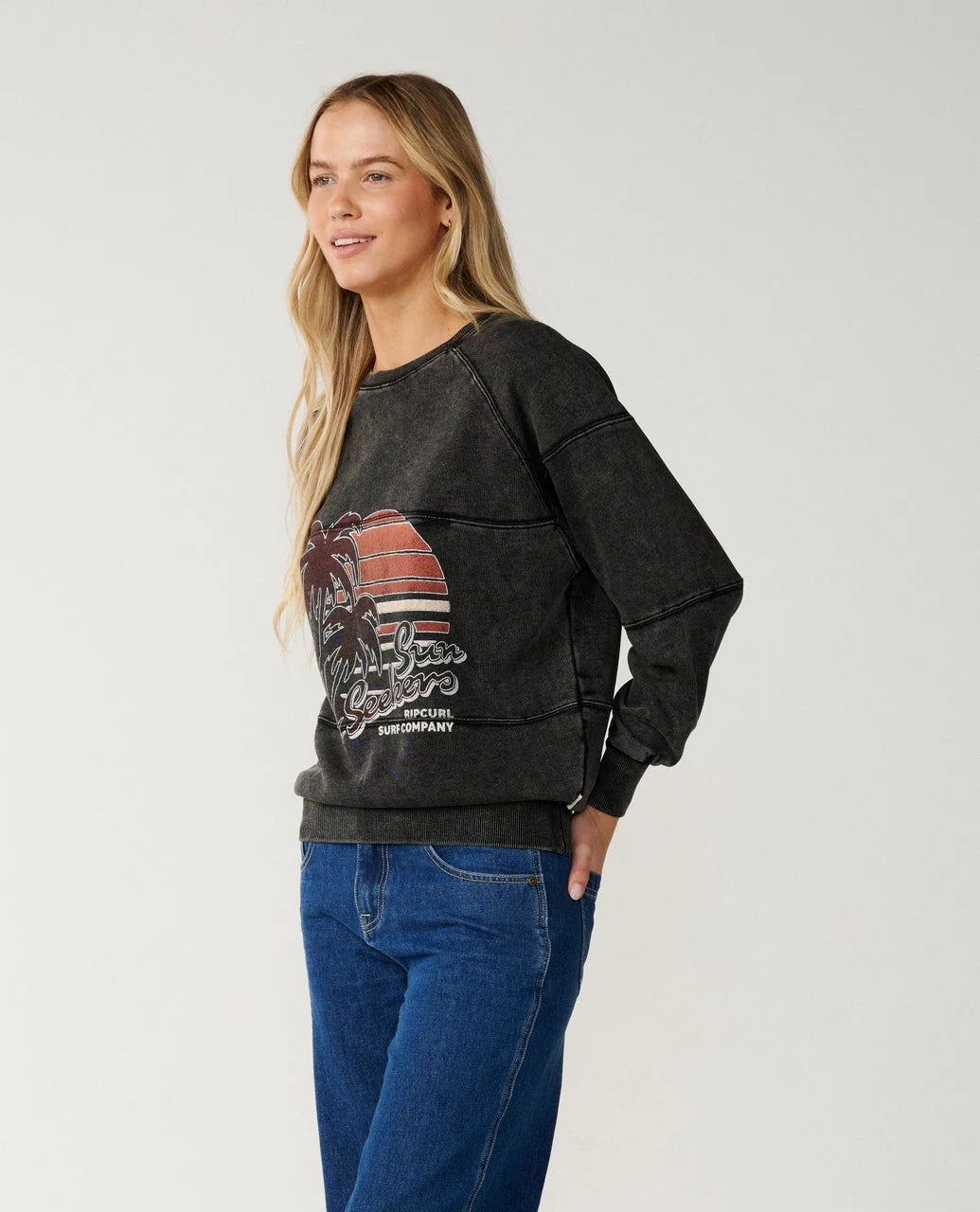 Rip Curl Women's Seeker Raglan Standard Crew - Washed Black - Sun Diego Boardshop