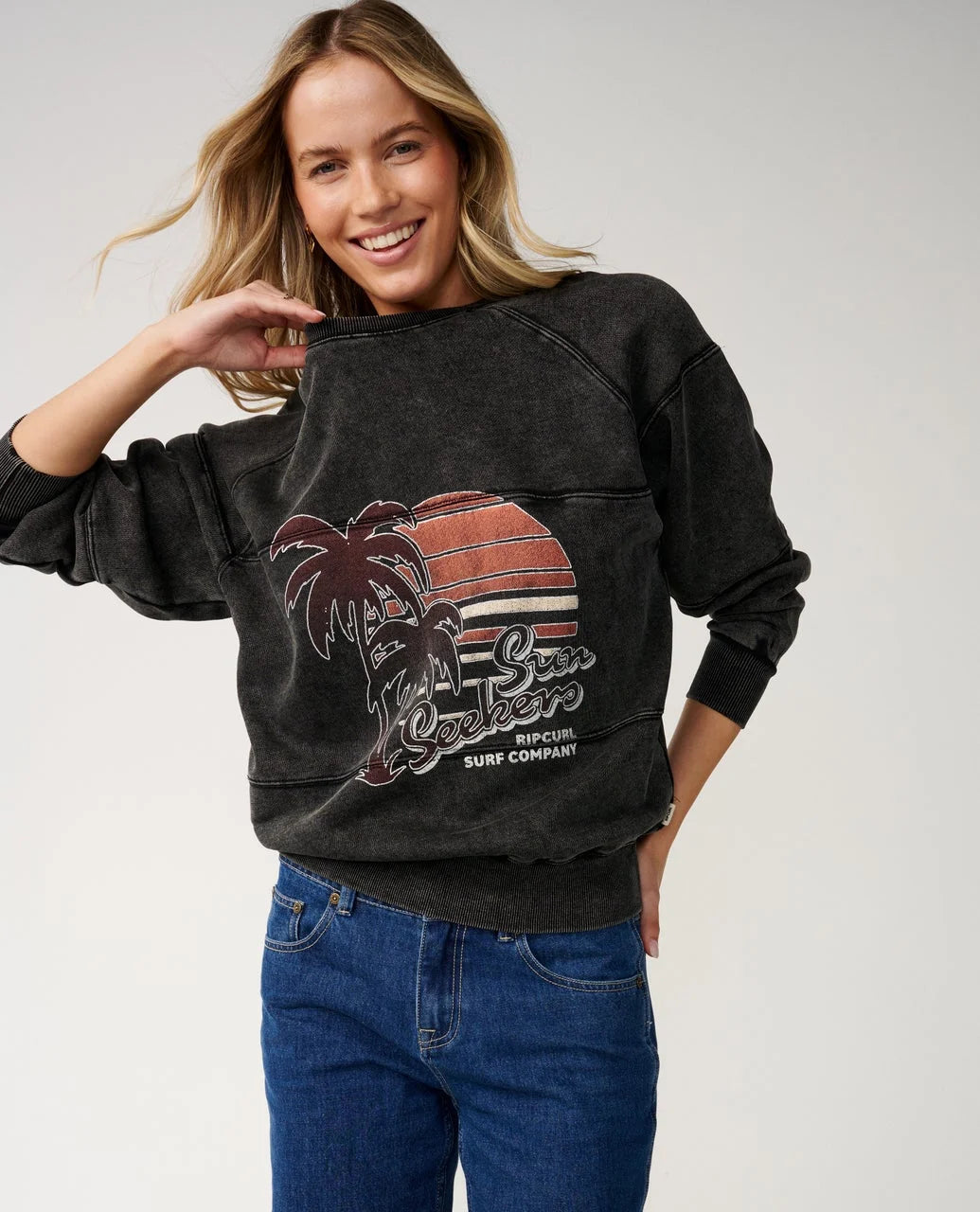 Rip Curl Women's Seeker Raglan Standard Crew - Washed Black - Sun Diego Boardshop