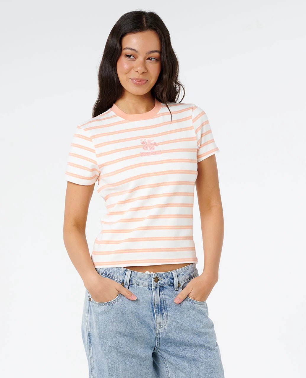 Rip Curl Women's Half Moon Bay Fitted Tee - Papaya Stripe - Sun Diego Boardshop