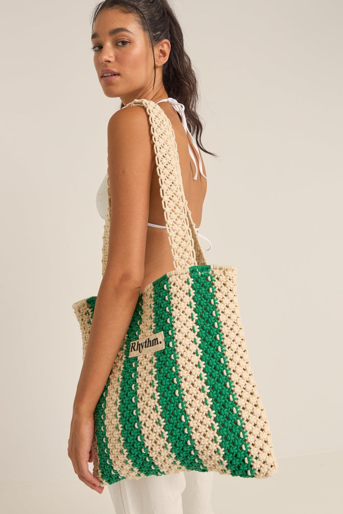 Rhythm Dinero Stripe Crochet Tote Bag - GREEN - Sun Diego Boardshop