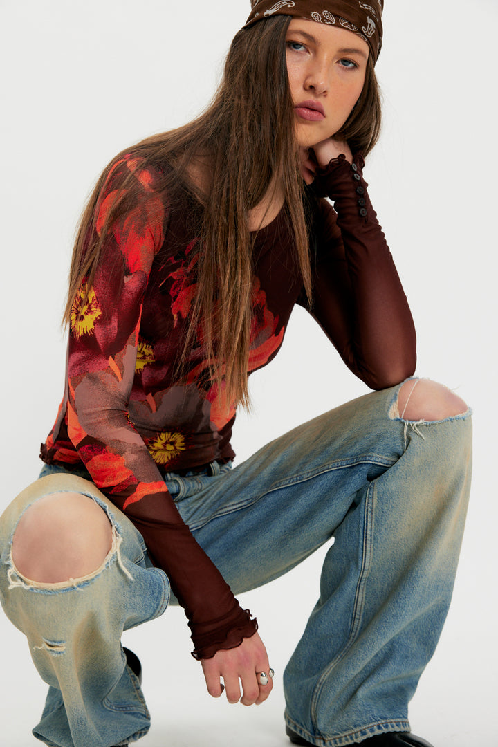 Free People Women's Lilly Printed Long Sleeve Top - Cocoa Combo - Sun Diego Boardshop