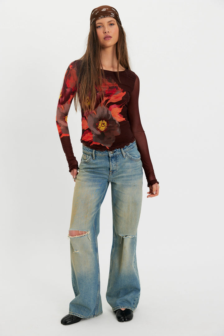 Free People Women's Lilly Printed Long Sleeve Top - Cocoa Combo - Sun Diego Boardshop