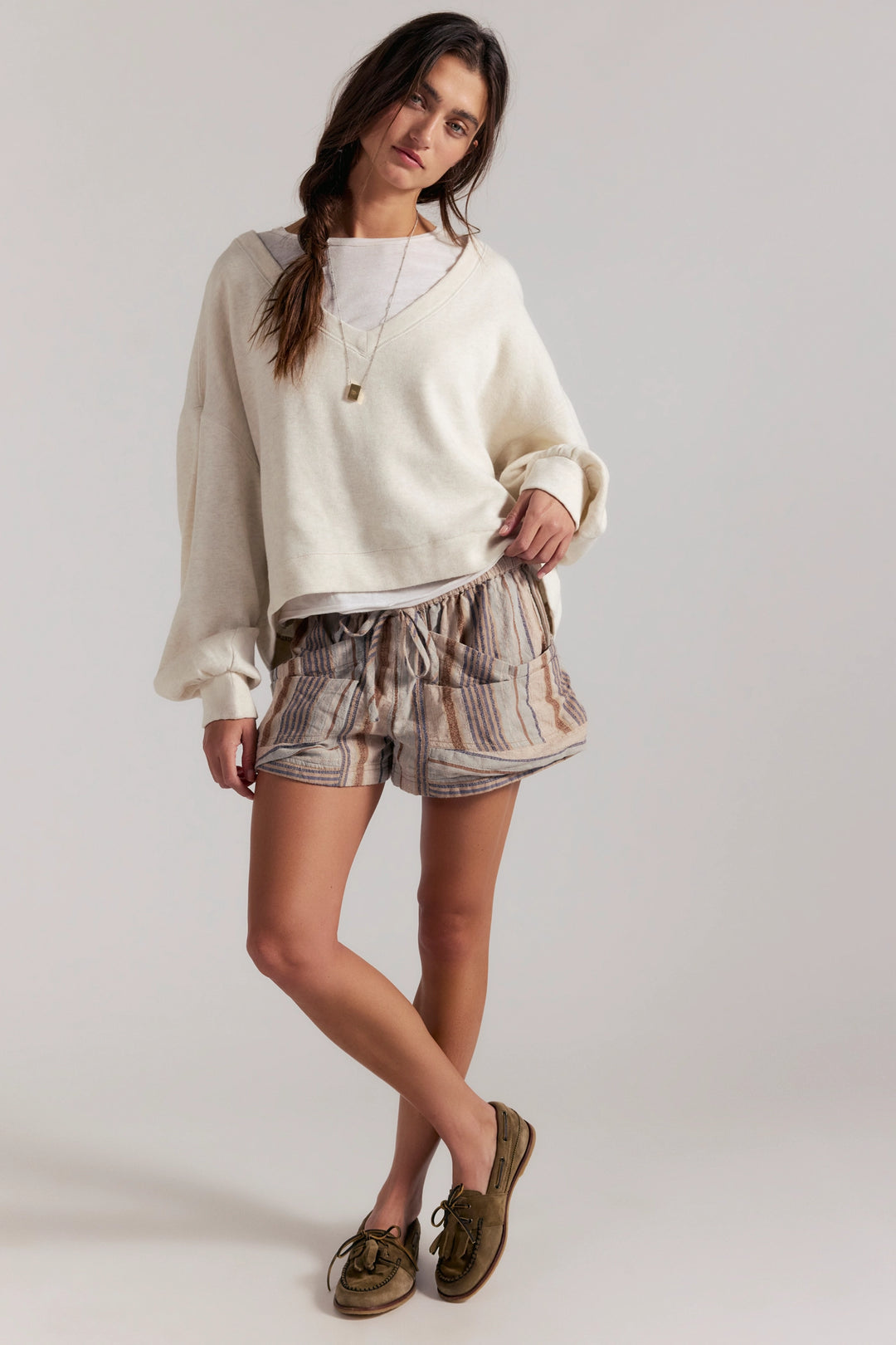 Free People Women's Good Fortune Stripe Shorts - Washed Blue Combo - Sun Diego Boardshop