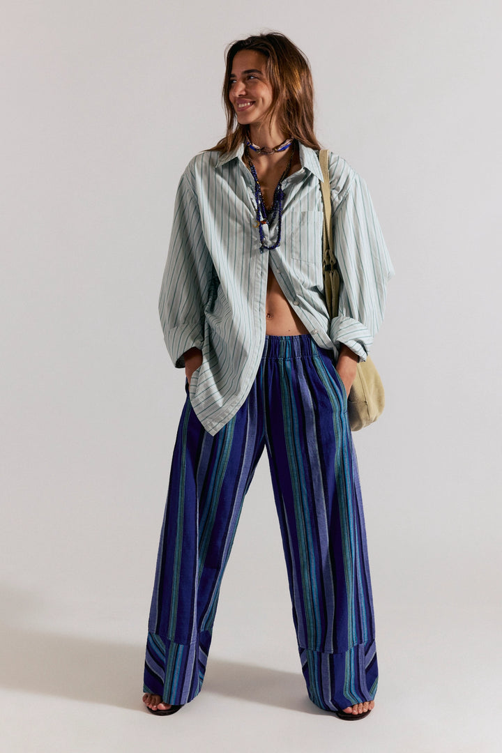 Free People Women's Day's End Linen Striped Pull-On Pants - Navy Combo - Sun Diego Boardshop