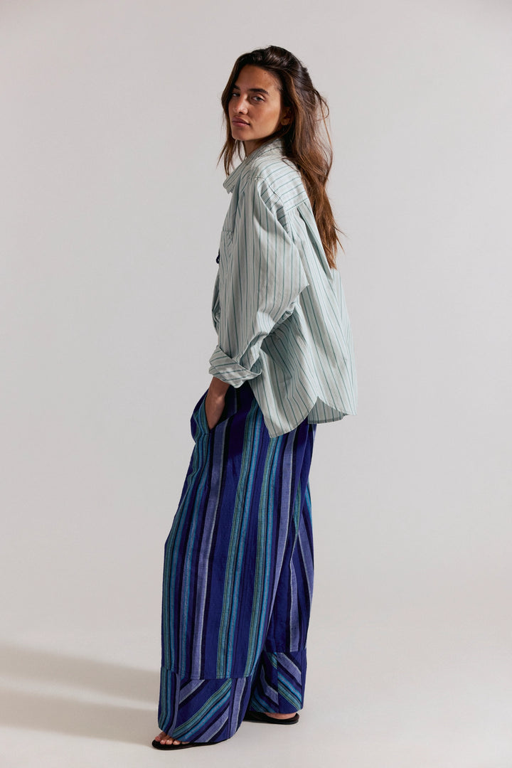Free People Women's Day's End Linen Striped Pull-On Pants - Navy Combo - Sun Diego Boardshop