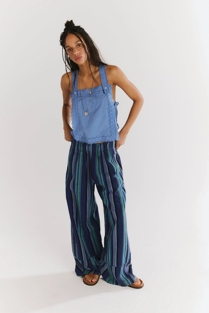 Free People Women's Day's End Linen Striped Pull-On Pants - Navy Combo - Sun Diego Boardshop