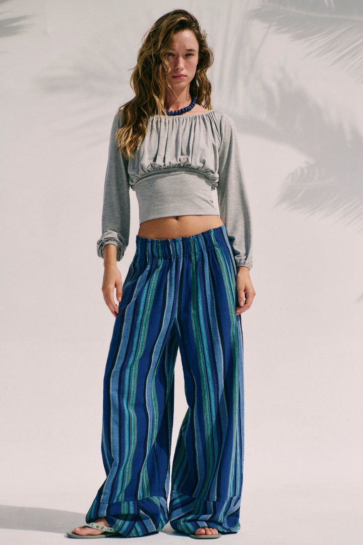 Free People Women's Day's End Linen Striped Pull-On Pants - Navy Combo - Sun Diego Boardshop