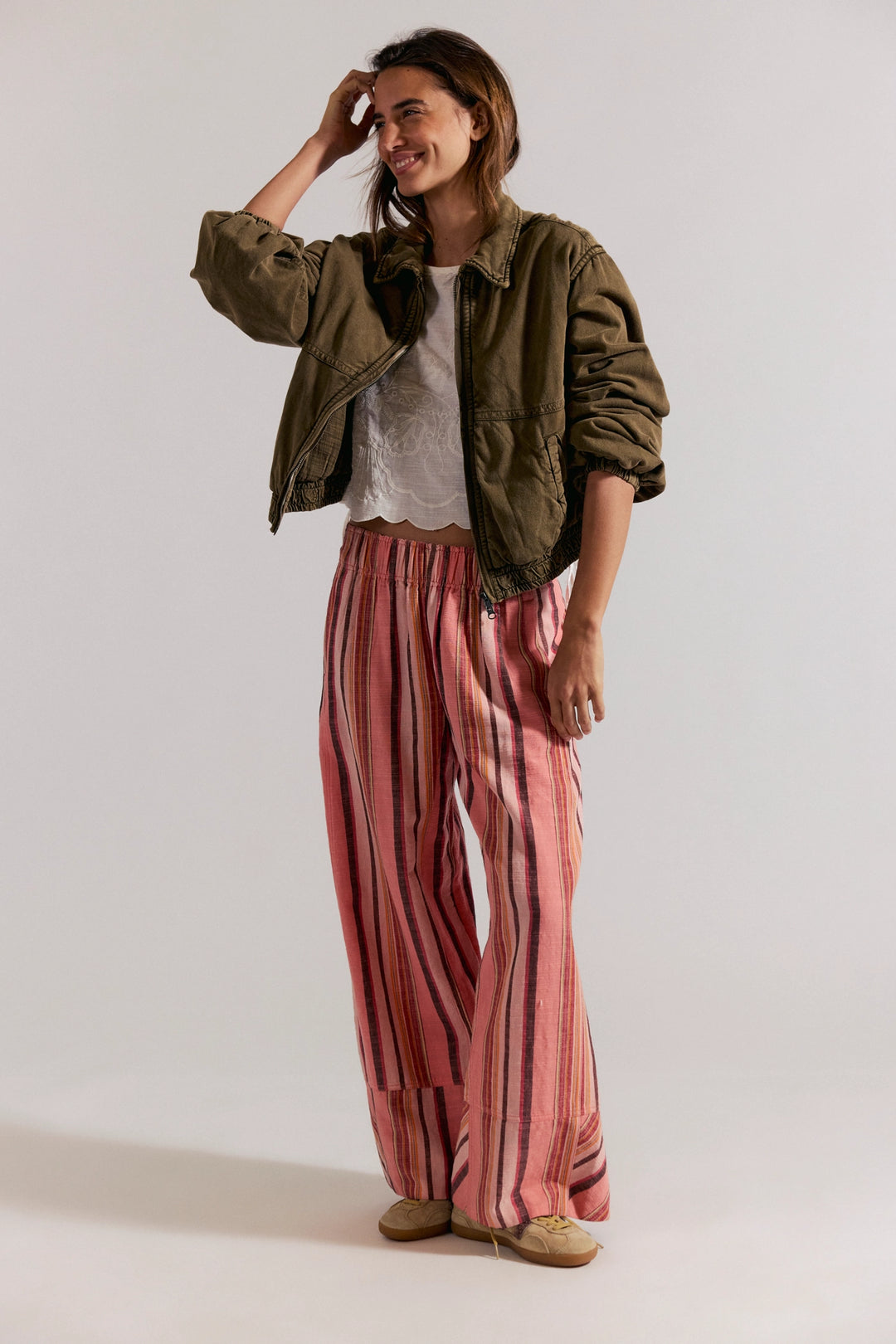 Free People Women's Day's End Linen Striped Pull-On Pants - Soft Coral Combo - Sun Diego Boardshop