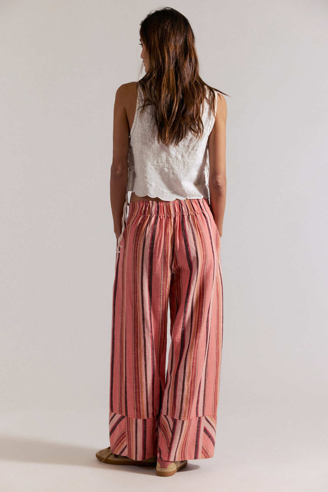 Free People Women's Day's End Linen Striped Pull-On Pants - Soft Coral Combo - Sun Diego Boardshop