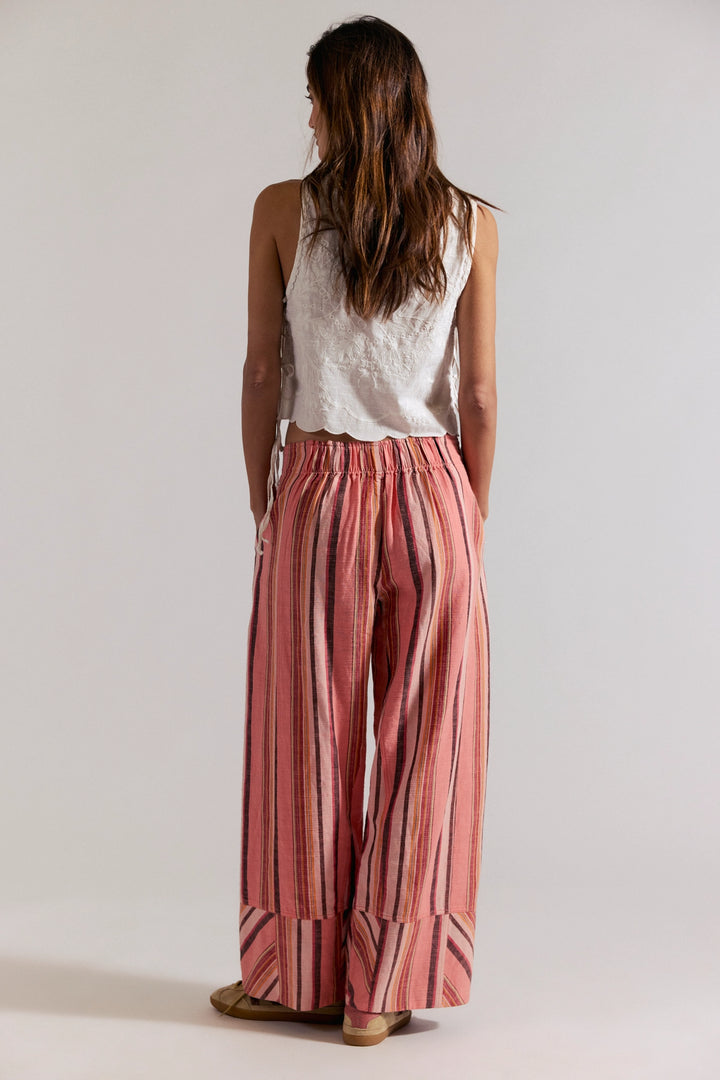 Free People Women's Day's End Linen Striped Pull-On Pants - Soft Coral Combo - Sun Diego Boardshop
