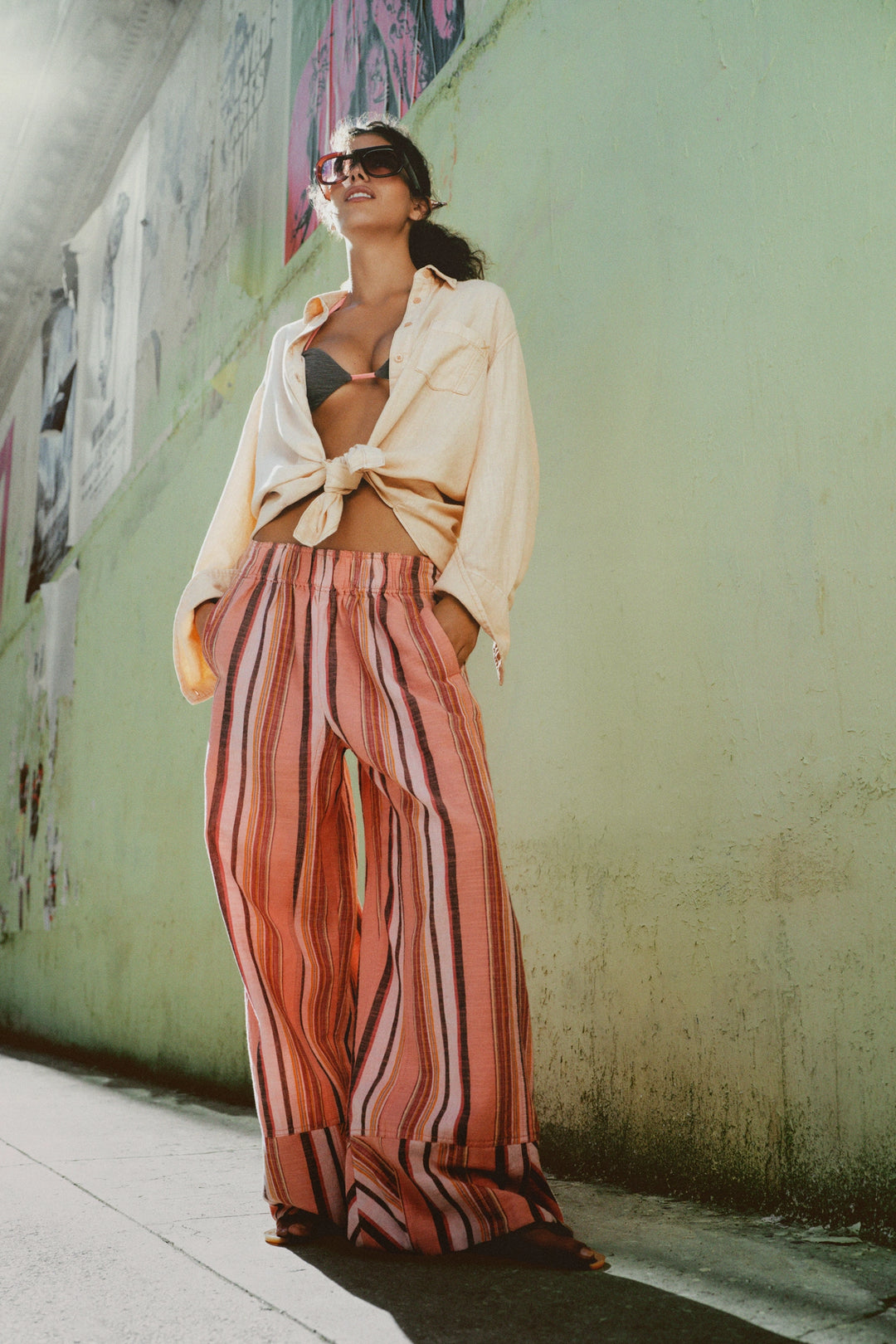 Free People Women's Day's End Linen Striped Pull-On Pants - Soft Coral Combo - Sun Diego Boardshop