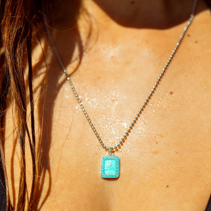 Getback Supply Rectangle St. Christopher Necklace - Aqua/Aqua