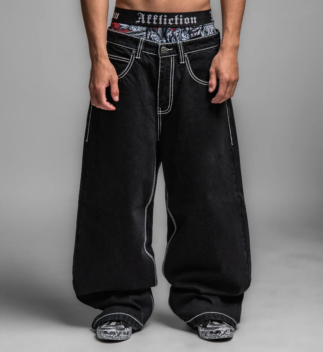 Affliction Men's Extra Wide Skeleton Wings Denim - Black Rinse