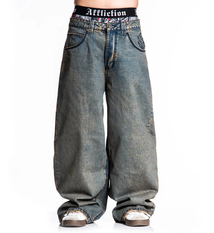 Affliction Men's Extra Wide Tribal & Wings Denim - Grey Tint