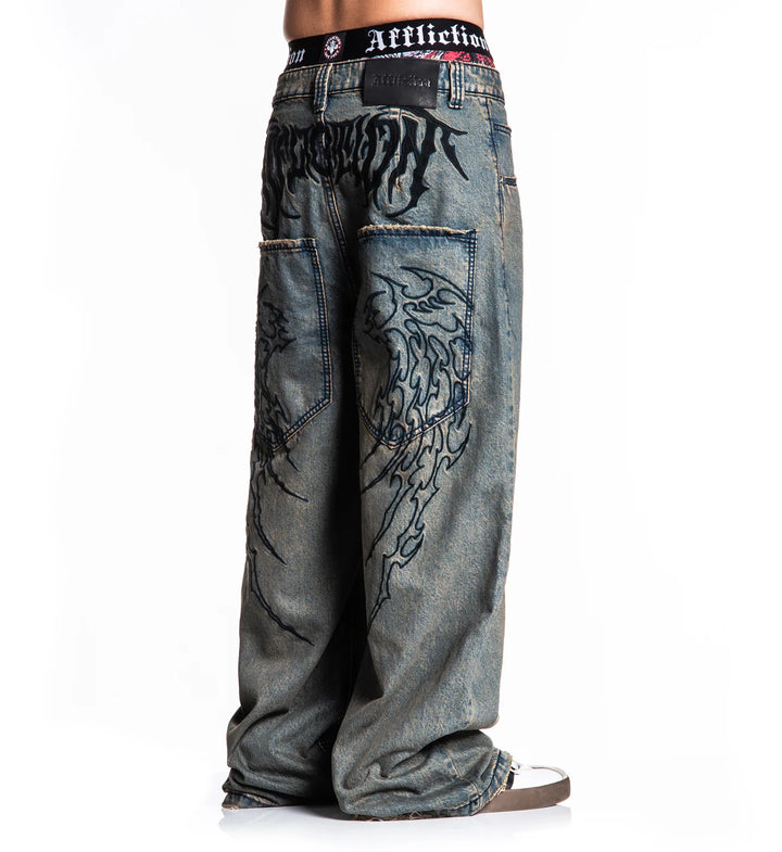 Affliction Men's Extra Wide Tribal & Wings Denim - Grey Tint
