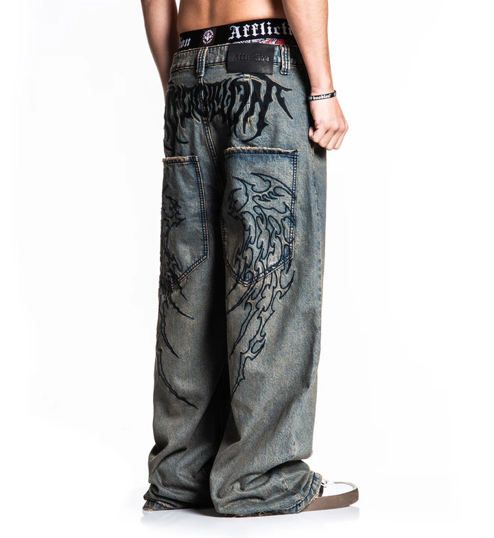 Affliction Men's Extra Wide Tribal & Wings Denim - Grey Tint