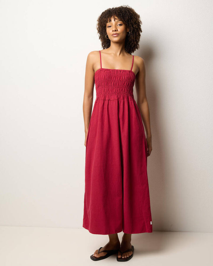 Rhythm Classic Shirred Midi Dress - Sangria