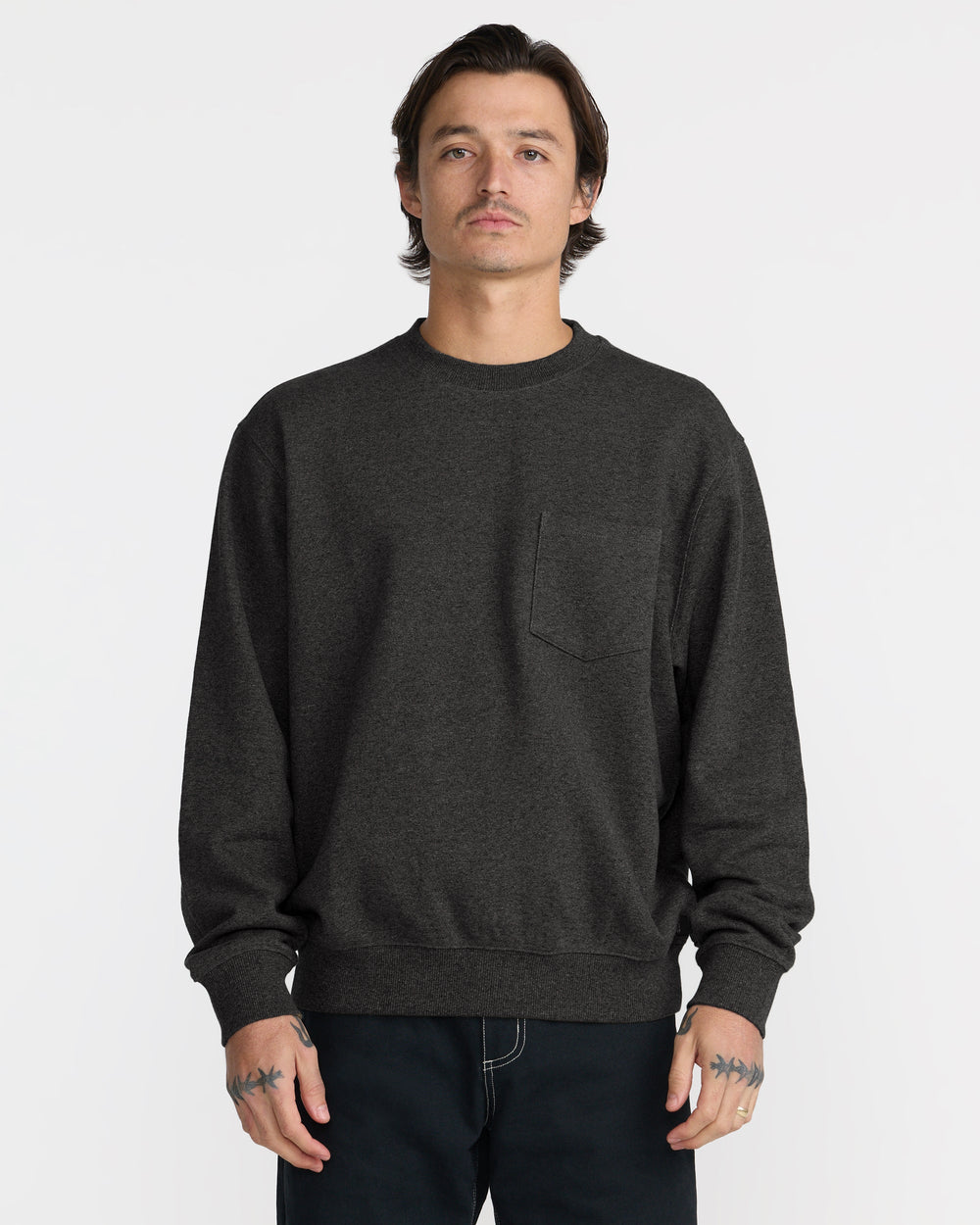RVCA Men's Dayshift Pocket Crew Sweatshirt - Heather Black - Sun Diego Boardshop
