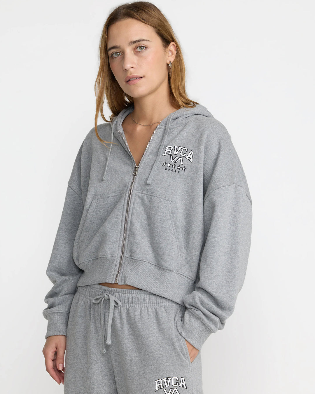RVCA Women's Squad Crop Zip Hoodie - Heather Gray - Sun Diego Boardshop