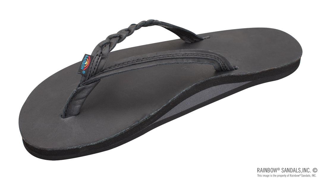 RAINBOW SANDALS Women's Flirty Braidy Sandal - Single Layer Classic Leather 1/2" Narrow Strap with Braid - CLASSIC BLACK - Sun Diego Boardshop