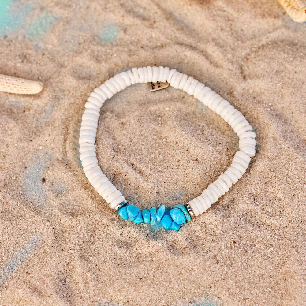 Pura Vida Bracelets Puka Shell and Turquoise Chip Stretch Bracelet - WHITE - Sun Diego Boardshop