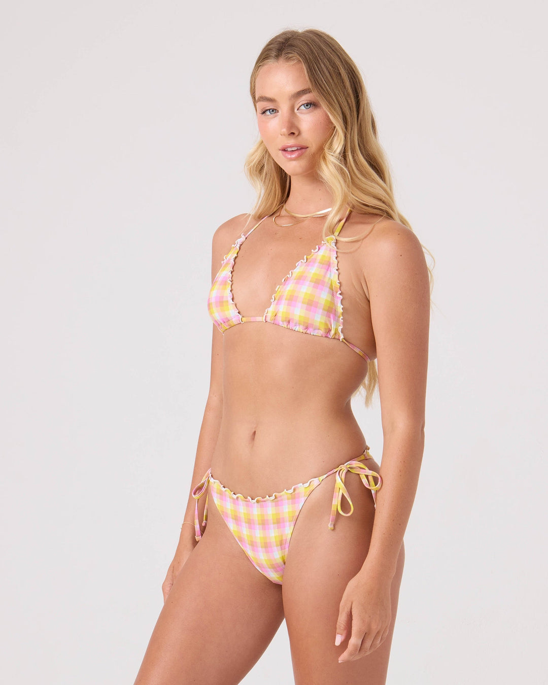 Roxy Women's Check Me Out Tie Side Cheeky With Ruffle Edge Bikini Bottom - Yel/Pink - Sun Diego Boardshop