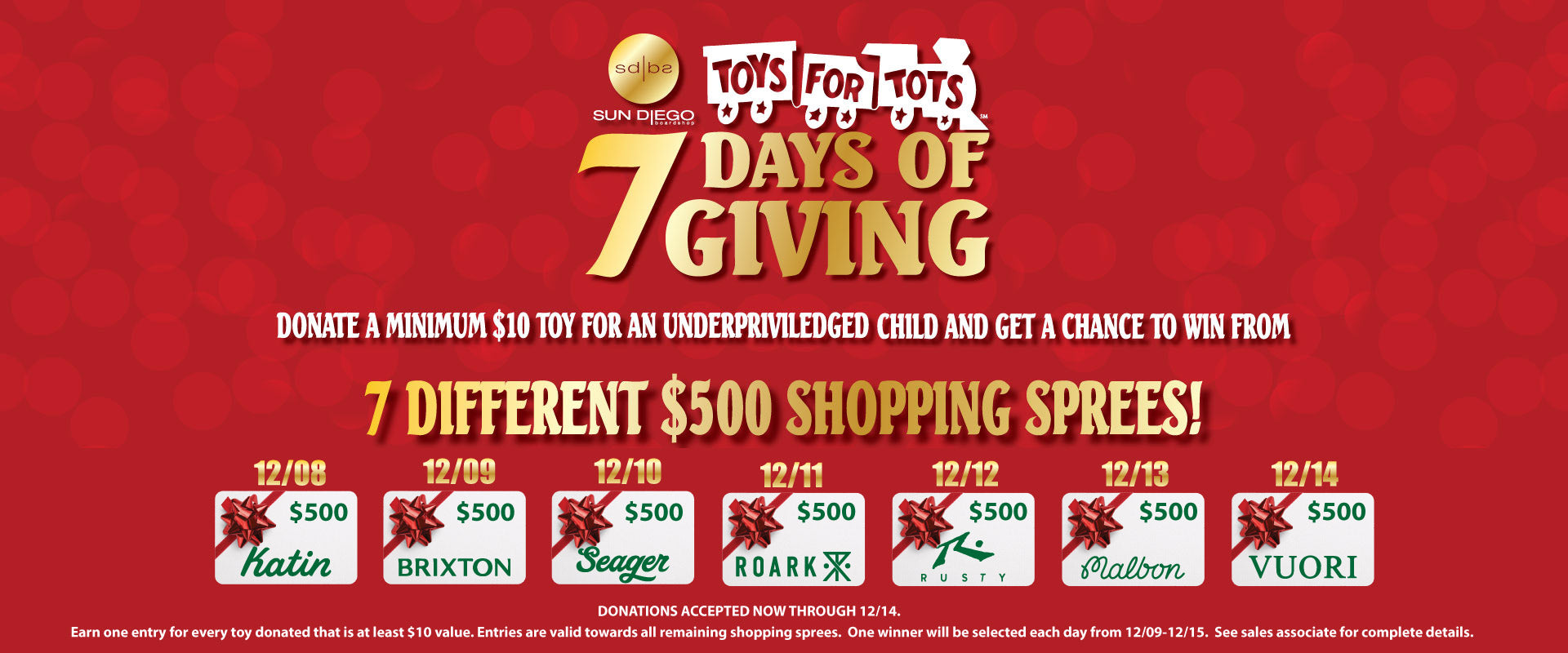 Promotional poster for Toys for Tots 7 Days of Giving event with red background and text.