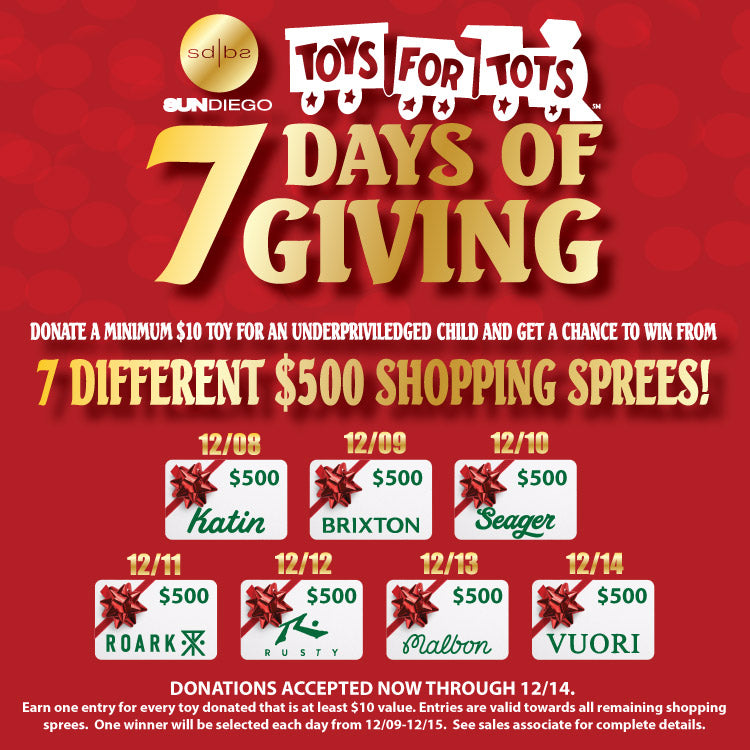Promotional flyer for 'Toys for Tots 7 Days of Giving' event with donation details and prize information.