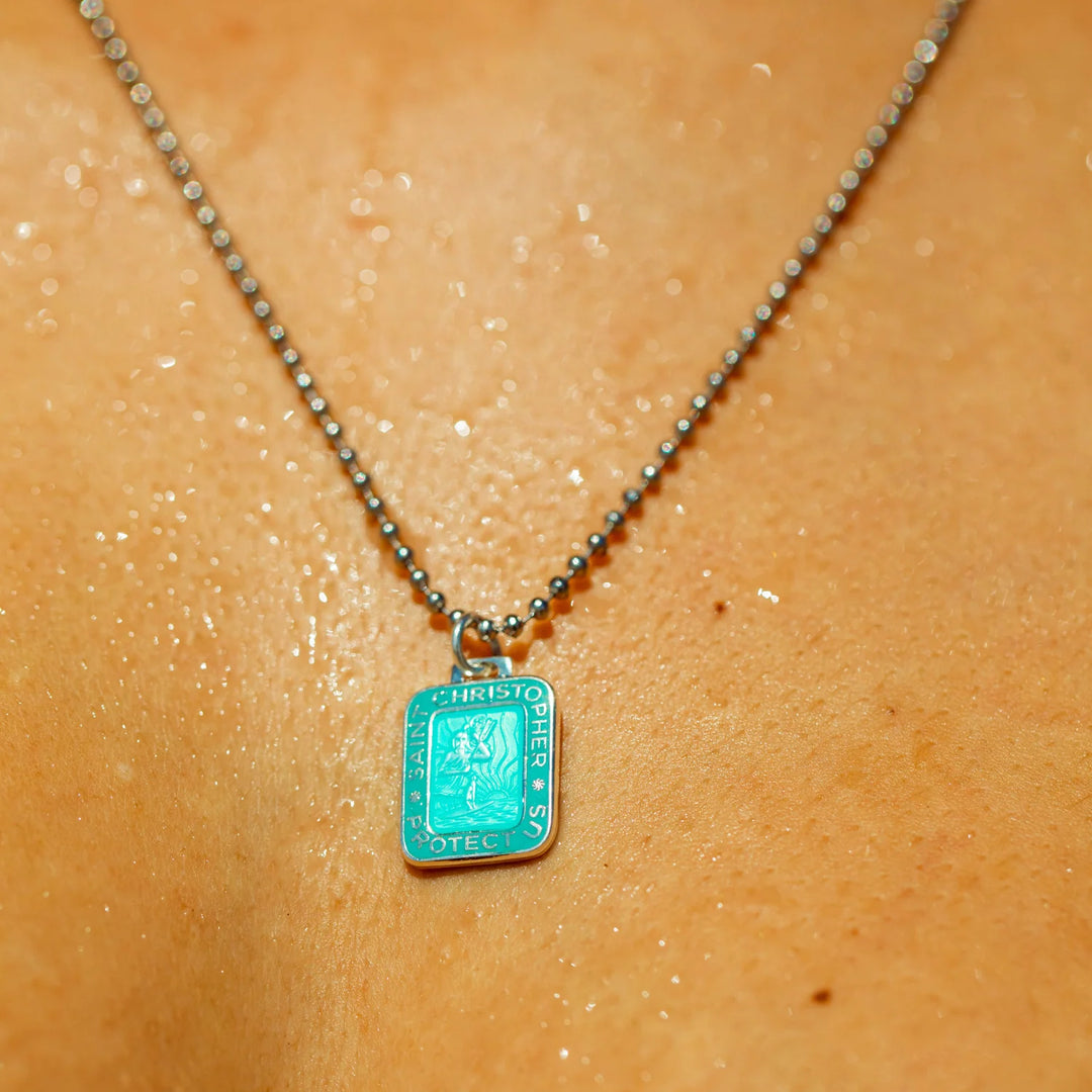 Getback Supply Rectangle St. Christopher Necklace - Aqua/Aqua