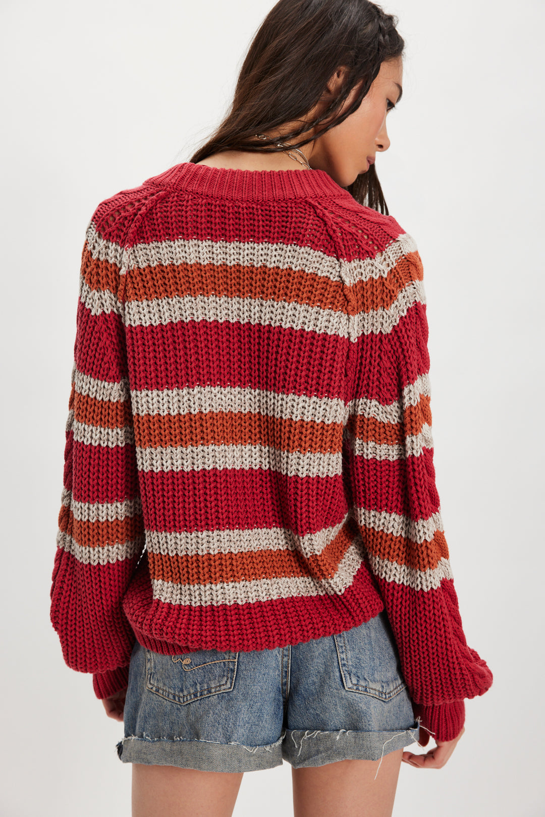 Free People Women's Frankie Striped Cable Knit Cotton Sweater - Red Combo - Sun Diego Boardshop