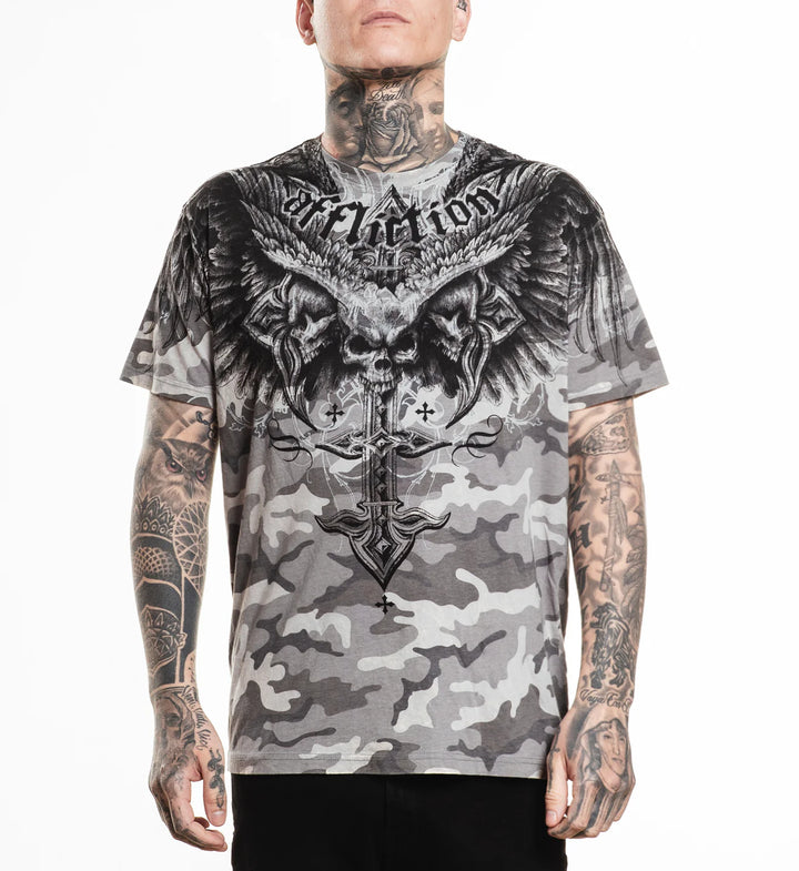 Affliction Men's Death Eyes Tee - Grey Camo W/Lava Wash