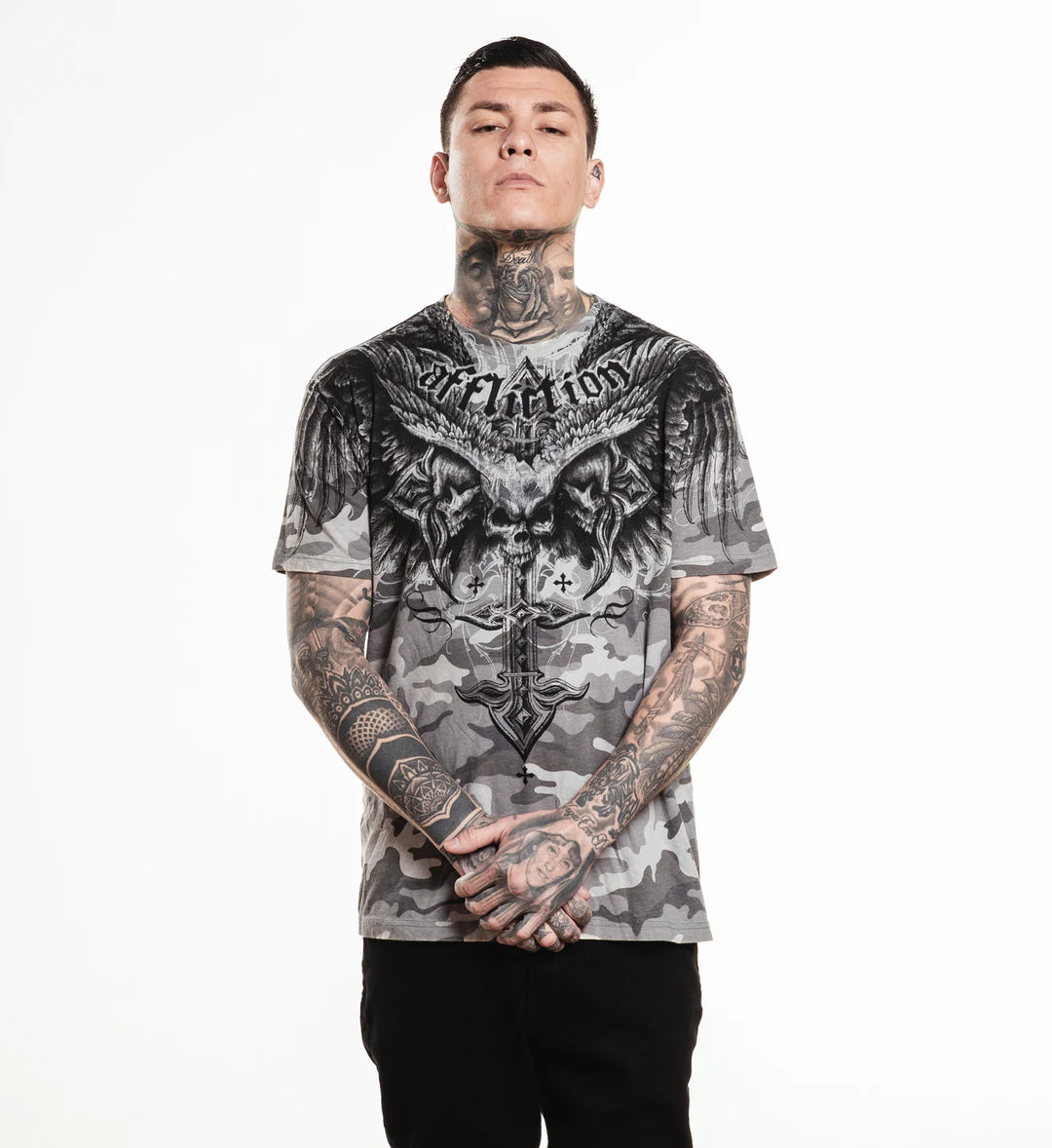 Affliction Men's Death Eyes Tee - Grey Camo W/Lava Wash
