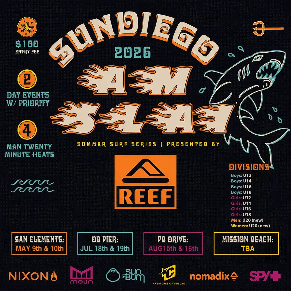 Promotional poster for Sundiego 2026 Summer Surf Series with event details and sponsors.