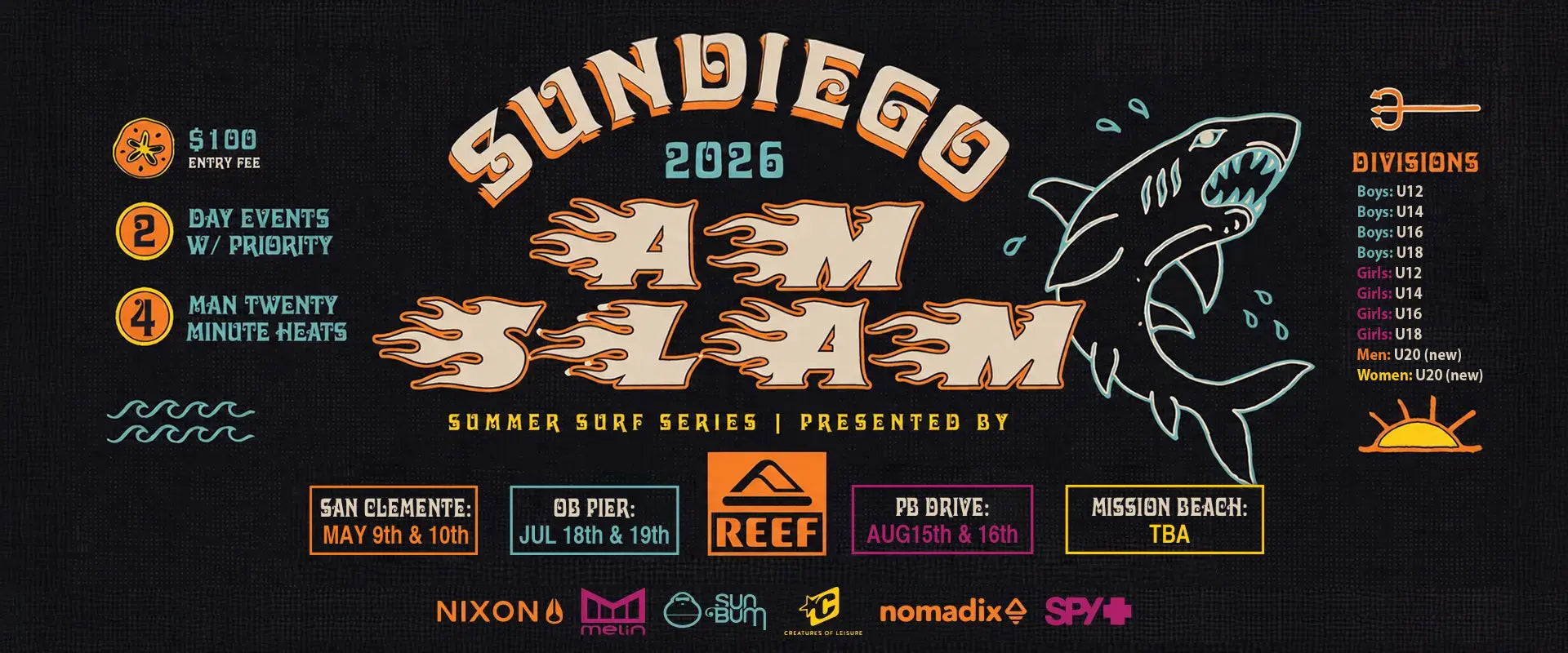 Promotional poster for a summer surf event with branding and event details.